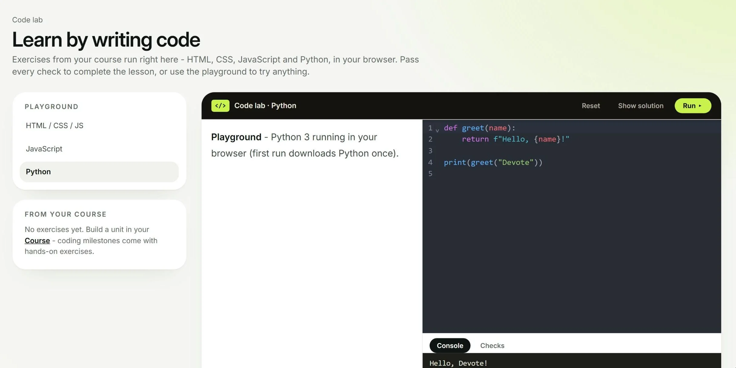 Devote Growth code lab: a Python playground running in the browser beside the course's exercises