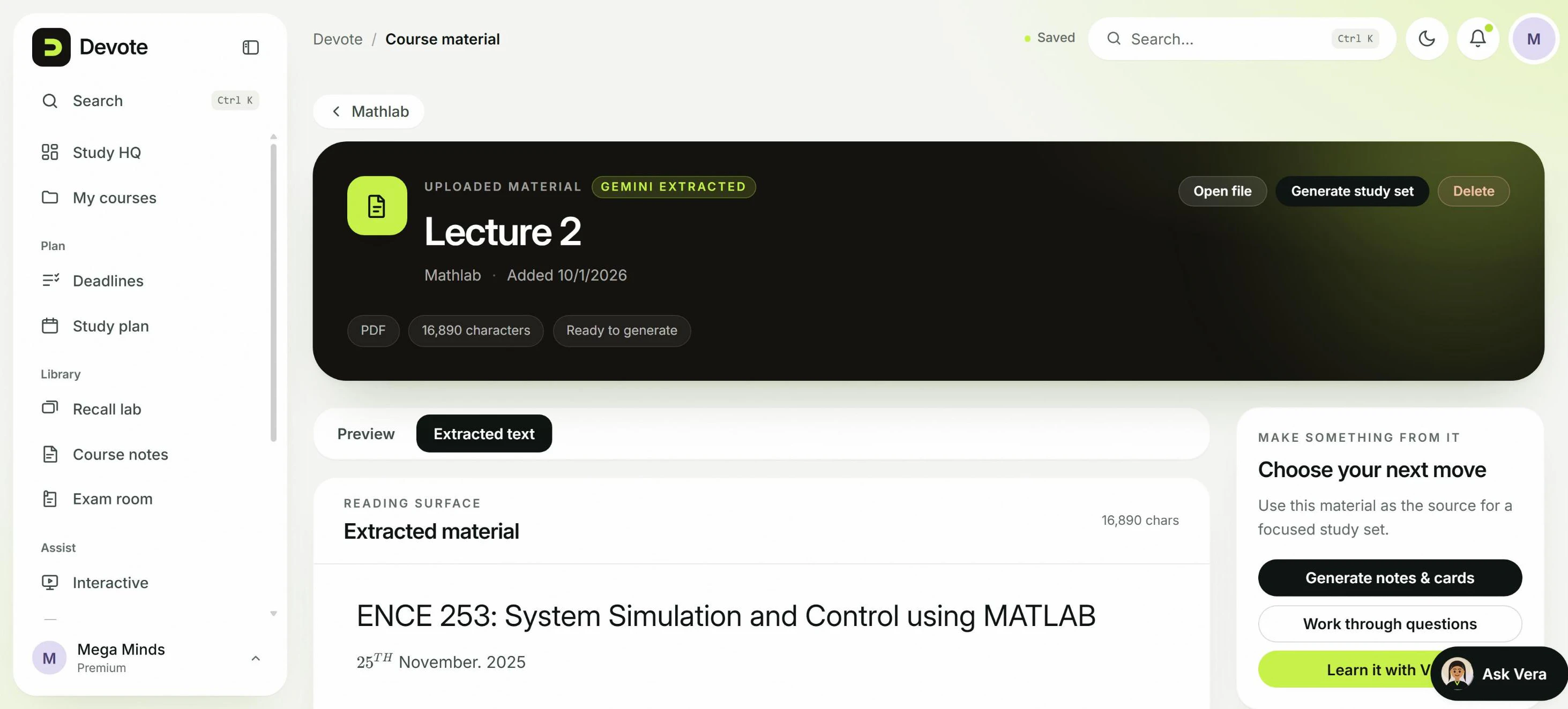 An uploaded lecture in Devote with its extracted text ready, and options to generate notes and cards or learn it with Vera