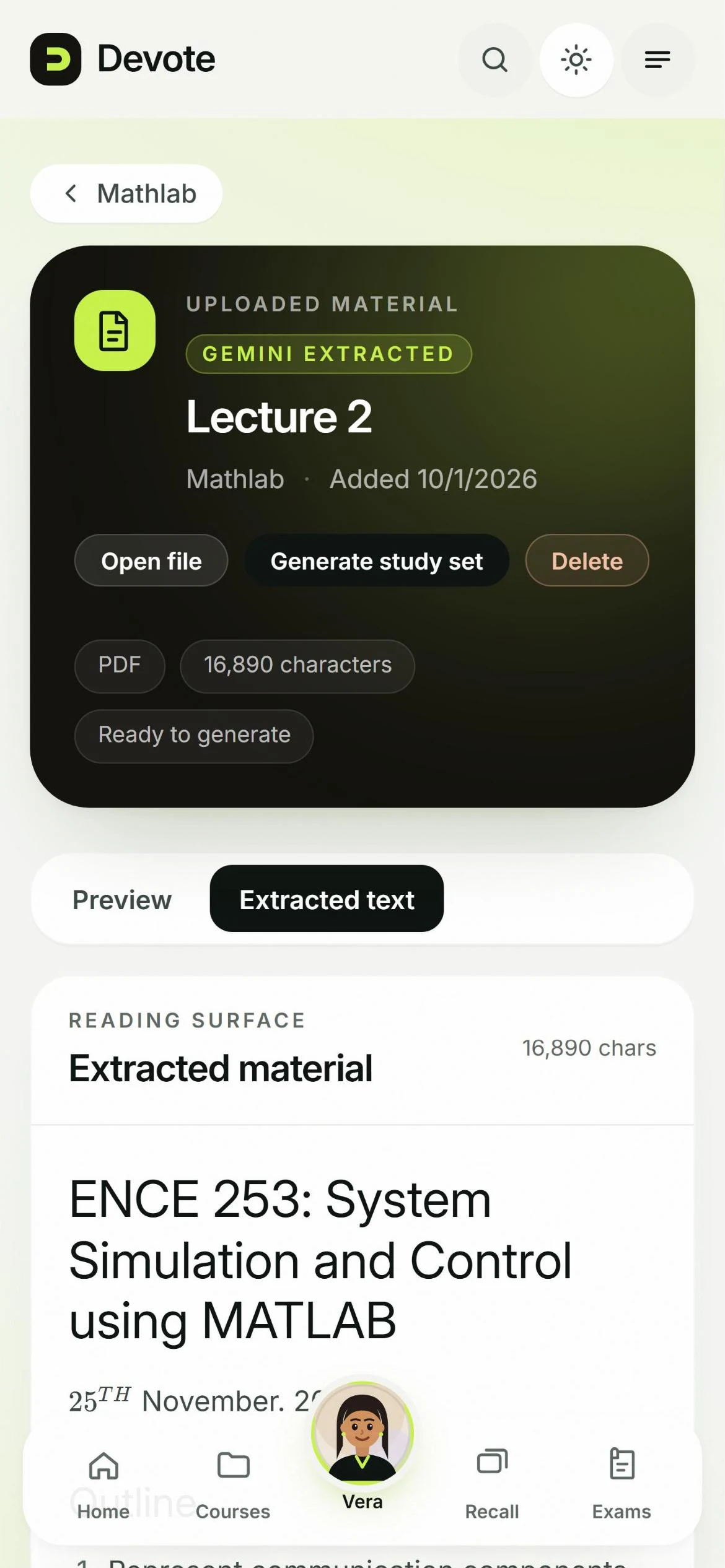 An uploaded lecture in Devote with its extracted text ready, and options to generate notes and cards or learn it with Vera