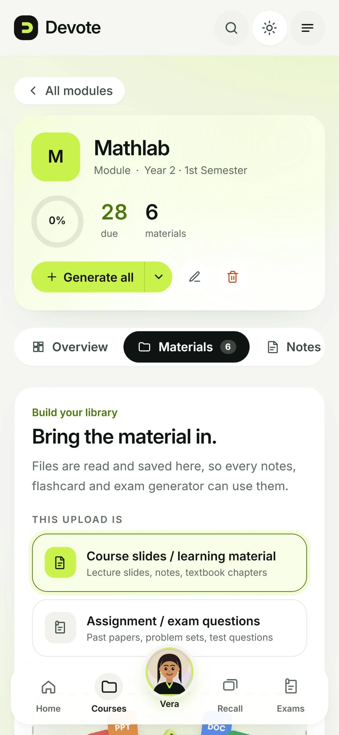 A Devote module: its materials, notes, flashcards and exams kept together in one workspace