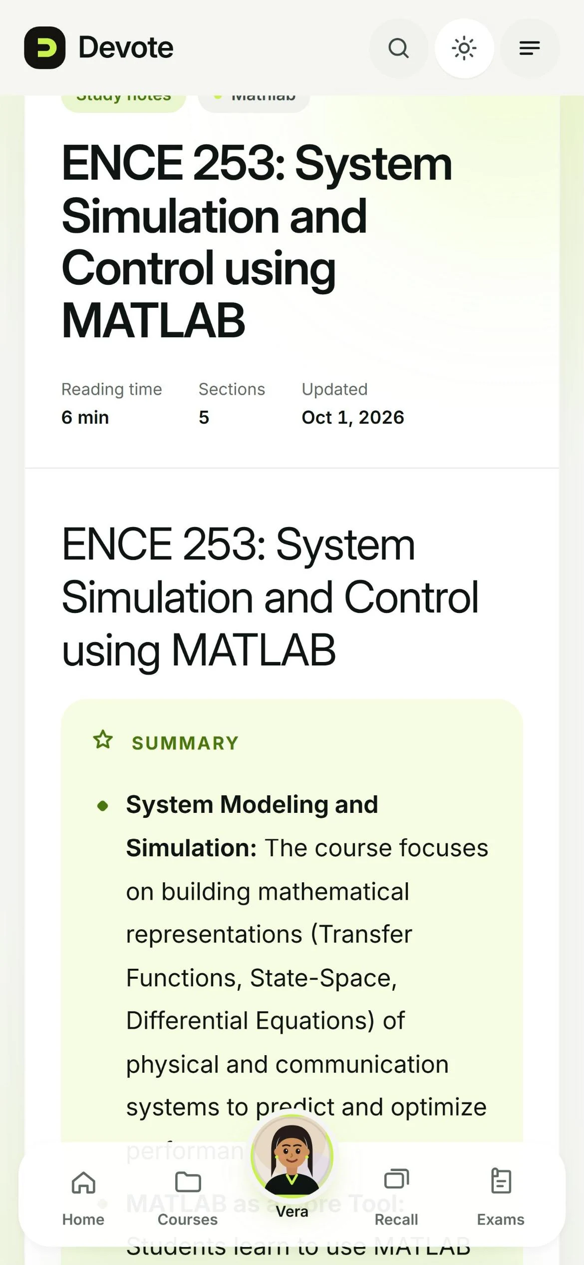 Devote study notes for ENCE 253: System Simulation and Control using MATLAB, with a summary and an on-this-page contents rail