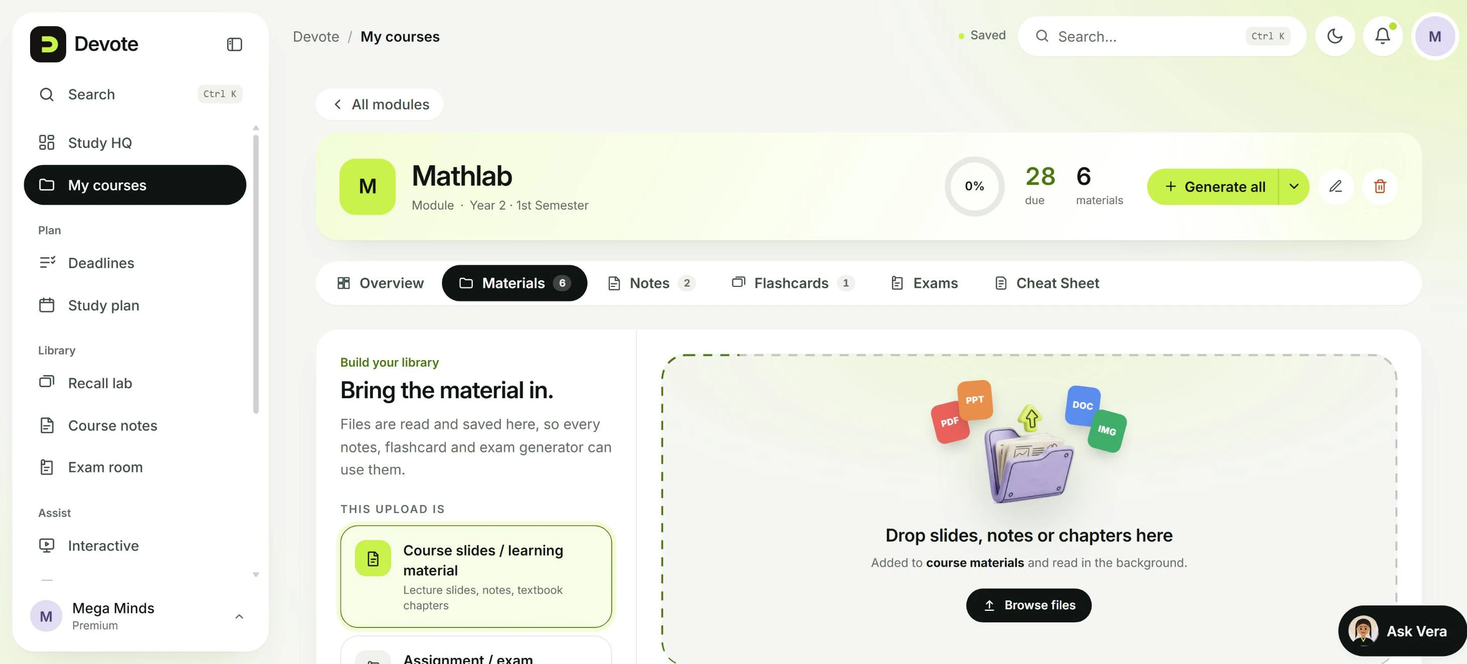A Devote module: its materials, notes, flashcards and exams kept together in one workspace
