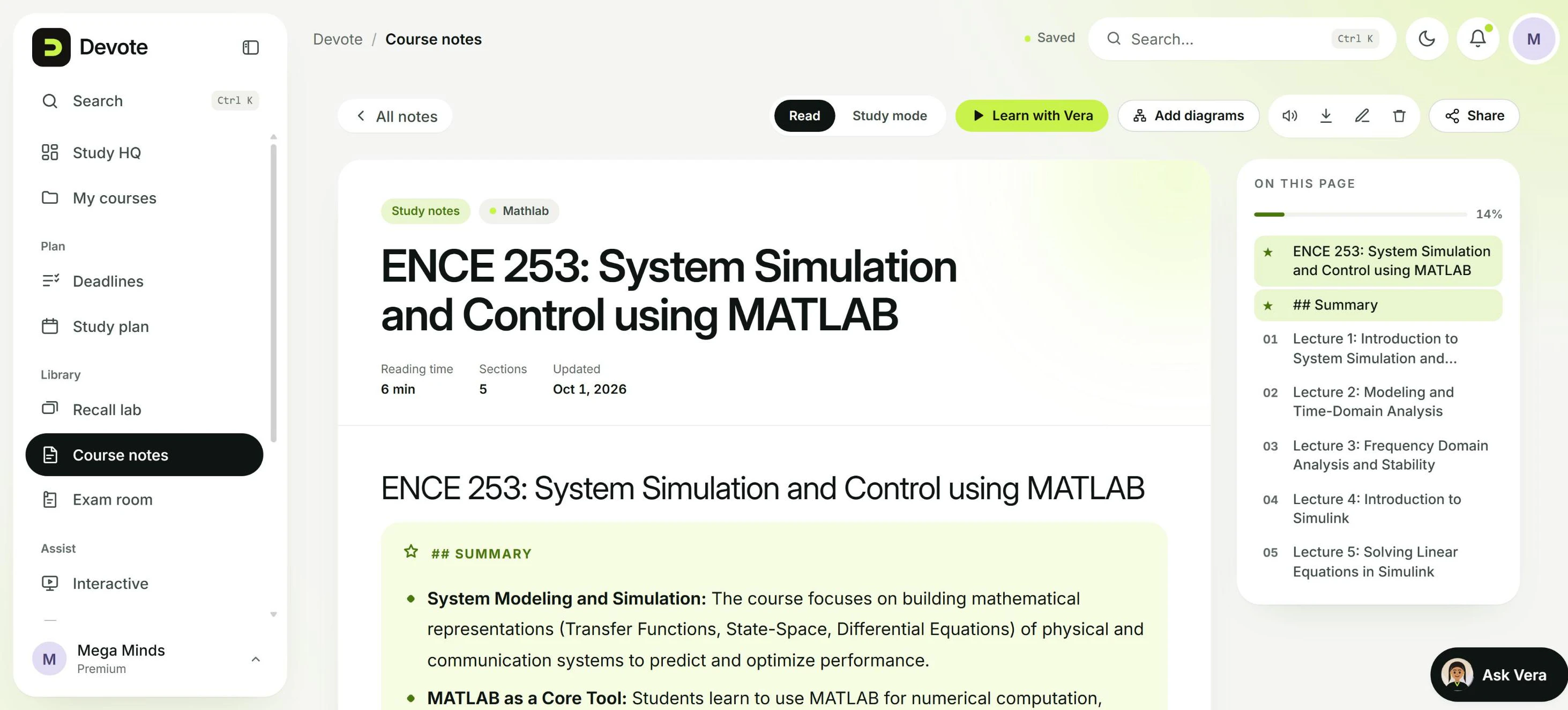 Devote study notes for ENCE 253: System Simulation and Control using MATLAB, with a summary and an on-this-page contents rail